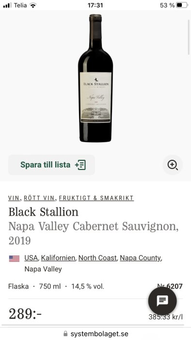 Flaskbild av Black Stallion Cabernet Sauvignon, Napa Valley, 2019, på en onlinebutik, pris 289 SEK.