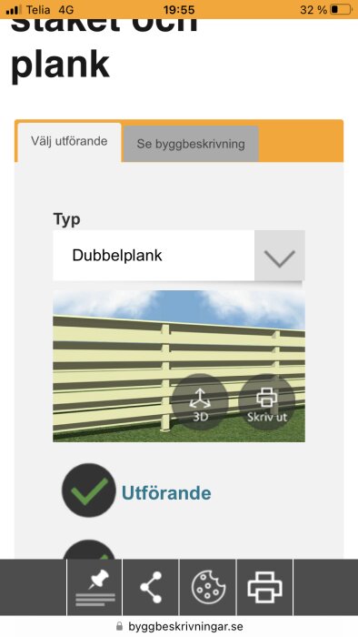 Skärmbild från webbsida, mobil, staketbyggnadsinstruktion, "Dubbelplank", gräs, himmel, 3D-skiss, utskriftsalternativ.