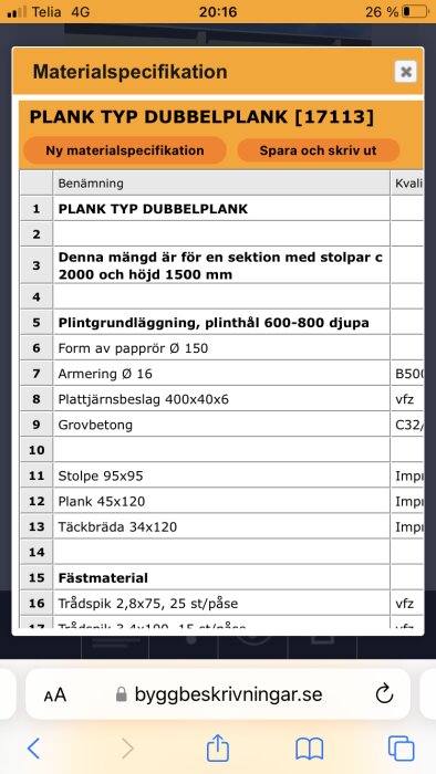 Skärmavbild av materialspecifikation för byggprojekt med lista över byggmaterial och dimensioner på mobilenhet.