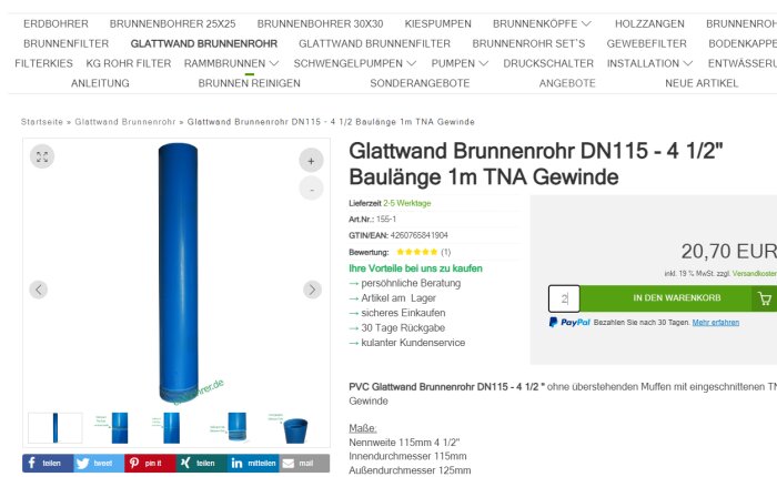 E-handelssida visar blått brunnrör DN115, prissatt till 20,70 EUR, kundrecension, köpinfo, specifikationer.