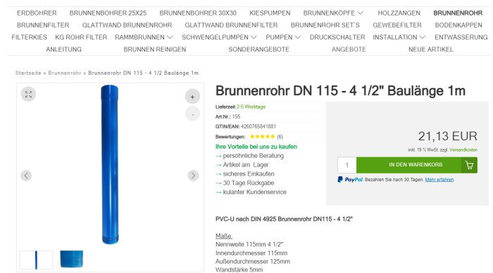 Webbsida som säljer brunnenrör DN 115 i blått, med produktinformation, pris och köpknapp.