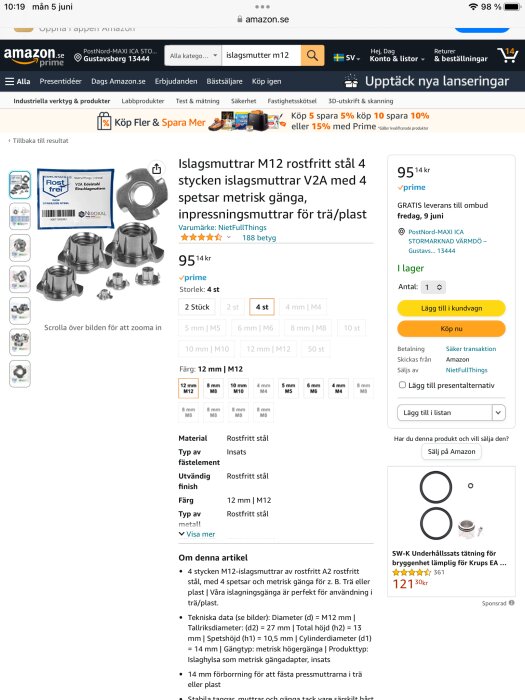 En skärmdump på Amazon.se visar rostfria M12 islagsmuttrar och köpoptioner.