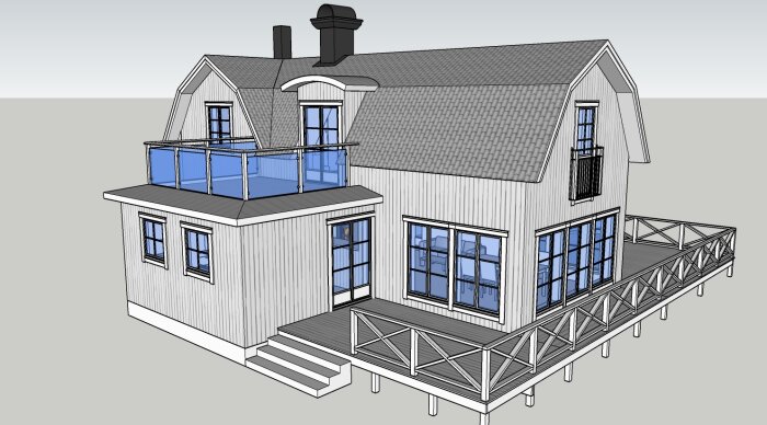3D-modell av ett modernt hus med veranda, balkong och skorsten, i vit och grå färgsättning.