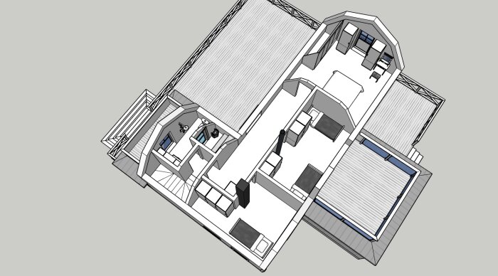 3D-skrivbordsmodell av ett hus visar interiör layout: sovrum, vardagsrum, kök, tak, trappor.