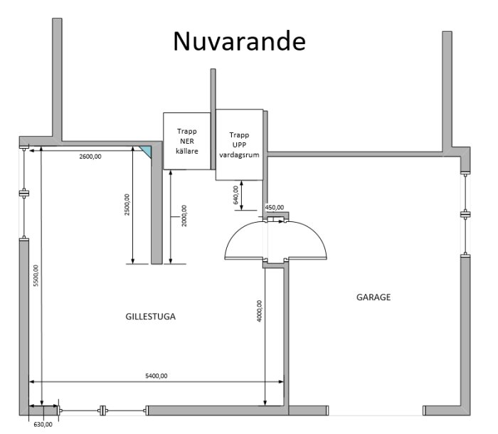 Arkitektonisk planritning, existerande hus, gillestuga, garage, trappor, måttangivelser, två våningar.