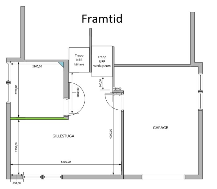 Arkitektonisk ritning för framtidens husplan med mått, inkluderar gillestuga, trappor och garage.