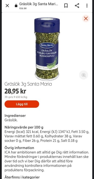 Produktsida för Santa Maria gräslök, 3g burk, pris 28,95 kr, näringsvärde och onlineköp funktion.