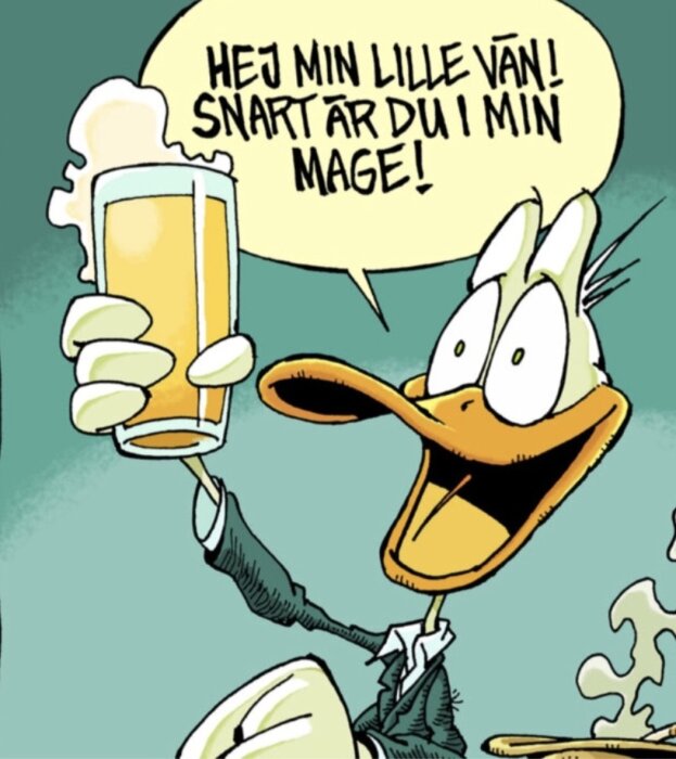 Animerad and med ölglas och pratbubbla: "Snart är du i min mage!". Tecknad stil, färgglad, glad stämning.