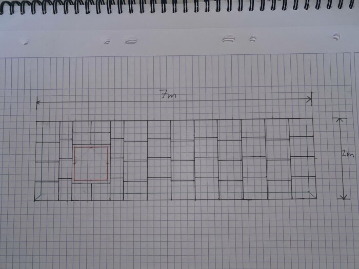 Rutat papper med en ritad rektangel och planlösning, markerad med mått: 7 meter gånger 2 meter.
