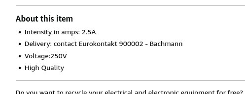 Produktinformation: intensitet 2.5A, kontakt Eurokontakt 900002, spänning 250V, hög kvalitet, återvinningsalternativ.