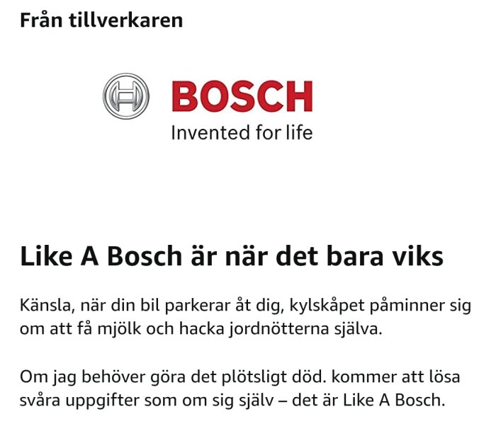 Bosch reklambild, "Invented for life", slogan, text om intelligenta produkter.