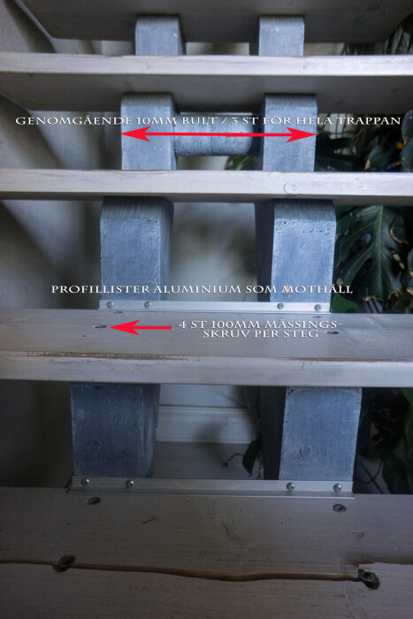 Trätrappa, aluminiumprofiler, mässingsskruvar, anvisningar på svenska, rött markering, grått målad.
