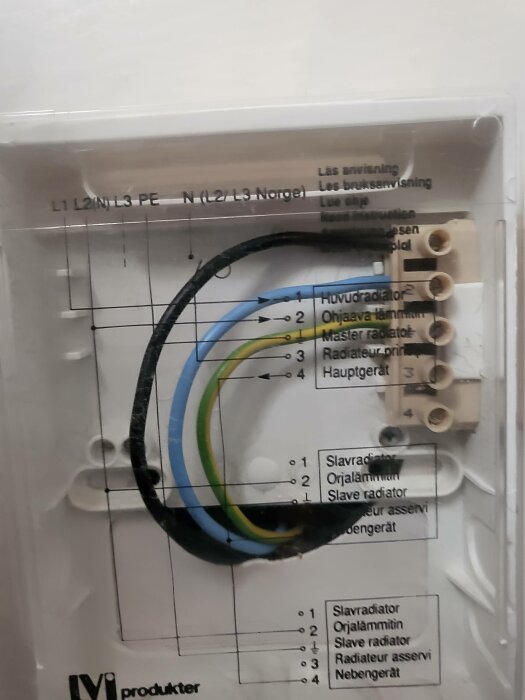 Elskåp med öppen kabelanslutning, märkning och installationsguide på flerspråkig etikett.