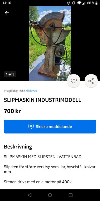 Slipmaskin för verktyg, rostig, utomhus, säljes för 700 kr.