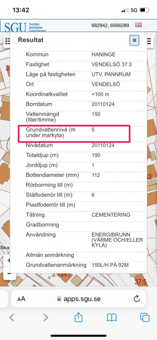 Skärmdump från SGU, visar borrningsresultat för grundvatten i Haninge, Vendelsö, med grundvattennivå markerad.