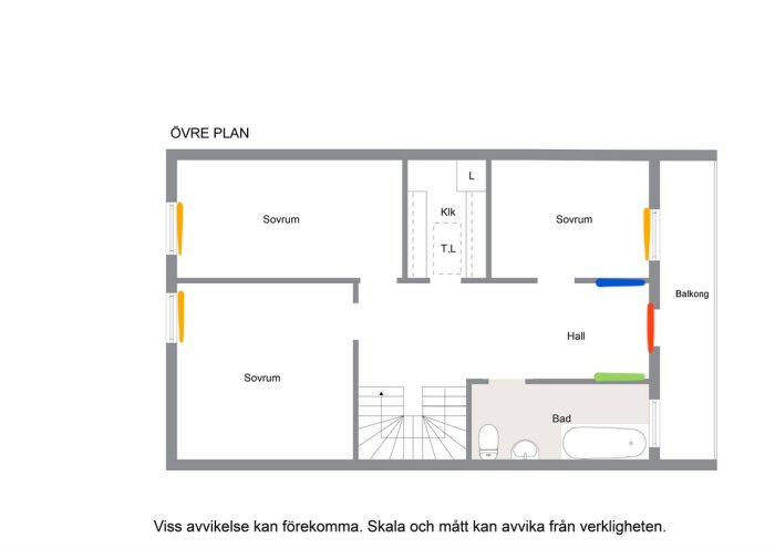 Övre plan av en bostad med sovrum, hall, balkong och badrum. Avvikelse i skala kan förekomma.