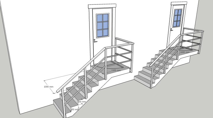 Två gråskalade trappor och dörrar med måttangivelser i en CAD-liknande illustration.