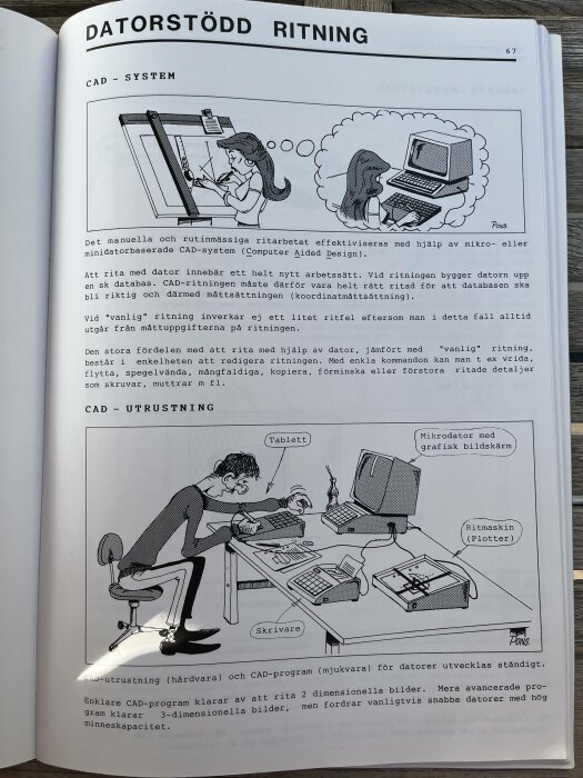 Illustration i lärobok visar CAD (Computer Aided Design) system och utrustning, med personer som använder teknologi för designarbete.