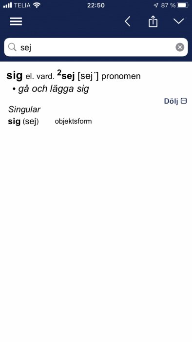 Skärmdump från mobil, ordboksdefinition av pronomenet "sig" på svenska, mörkt tema, sökfält, batteriindikator.