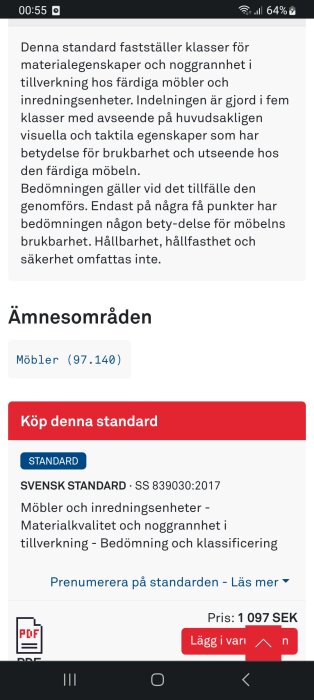 Skärmbild av webbsida för köp av svensk standard för möbler och inredning, noterar materialkvalitet och noggrannhet.