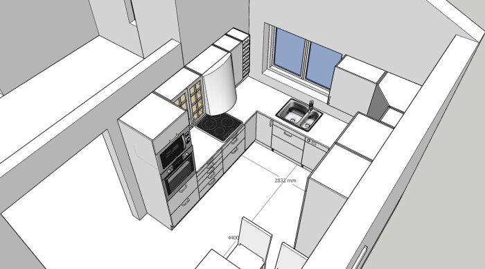 3D-design, kök, vit skåp, inbyggd ugn, spishäll, diskho, fönster, utrymmesmått.