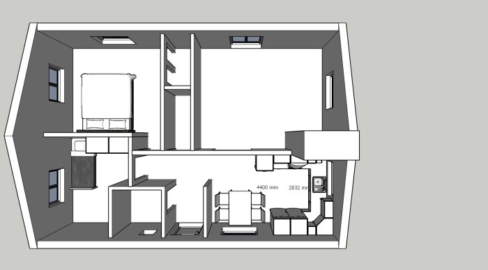 3D-ritning av lägenhetens planlösning med sovplats, vardagsrum, kök och badrum i svartvitt.