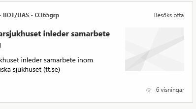 Webbläsarvy med en nyhetsrubrik om samarbete mellan sjukhus och en ikongrafik till höger. Besöks ofta märkt, sex visningar.