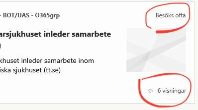 Webbsideskärmbild med bokmärken, "Besöks ofta", "6 visningar", nyhetsrubrik om sjukhus som samarbetar.