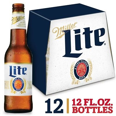 Miller Lite-ölflaska och 12-pack låda, amerikanskt lättöl, märkesdesign.