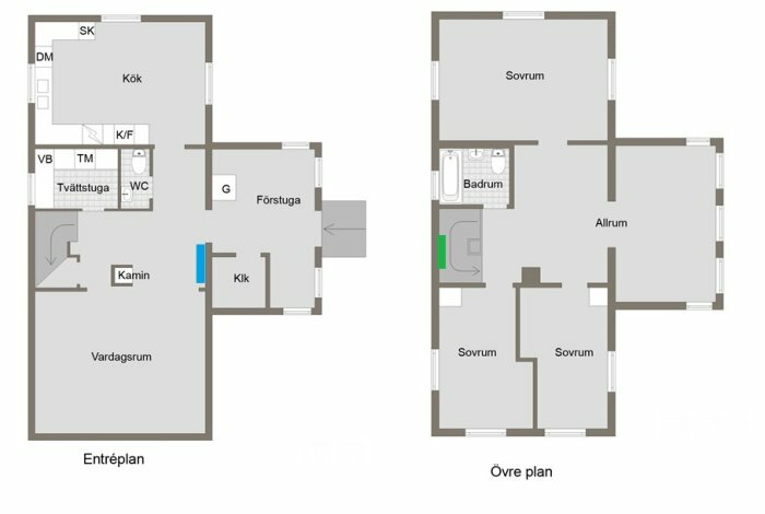 Tvåplanshus planlösning: entréplan med kök, vardagsrum, tvättstuga; övre plan med sovrum, badrum, allrum.