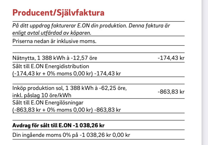 Svensk självfaktura för elproduktion med detaljerad kostnadsfördelning och momsberäkning, relaterat till E.ON.