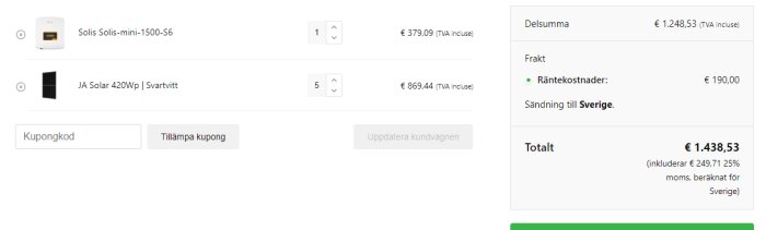 E-handelskundvagn, solenergiprodukter, delsumma, fraktkostnader, totalt pris inklusive moms, sändning till Sverige.