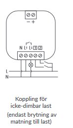 Schematisk bild av elektrisk koppling, etiketterad på svenska, för icke-dimbar last med symboler för ledningar och strömbrytare.
