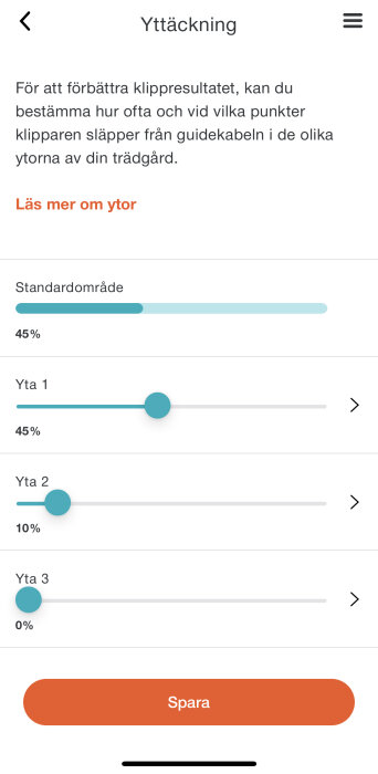 App-gränssnitt på svenska, inställningar för klippningsområden, procentreglage, instruktioner, knapp för att spara.