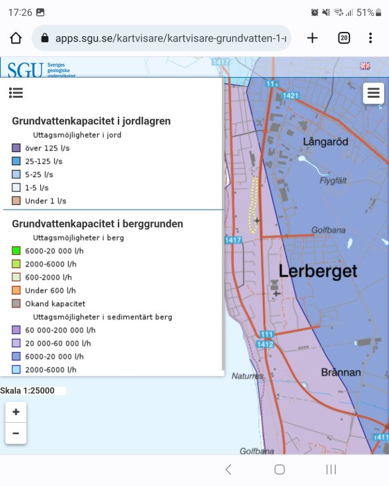 Skärmdump av geologisk karta visande grundvattenkapacitet i Sverige från SGU.