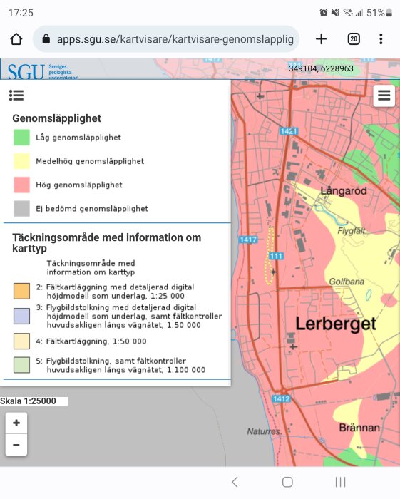 En färgkodad geologisk karta med genomsläpplighetsområden, skala och legend.