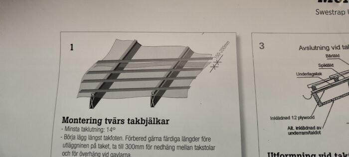 Instruktionsbild för montage av takbjälkar med måttangivelser och text på svenska.