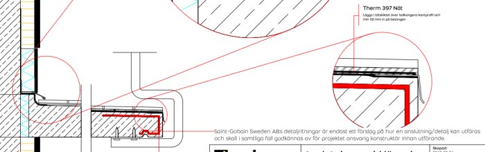 Teknisk ritning, byggkonstruktion detalj, isolering, överlappning nät, betongelement, konstruktörs anteckningar, förslag på utförande.