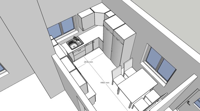 3D-skiss av kök, måttangivelser, matbord, skåp, diskho, gråskala, planlösning, interiördesign.