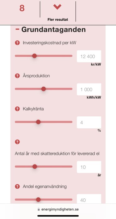 Infografik om grundantaganden för energiprojekt: investeringskostnad, årsproduktion, kalkylränta, skattereduktion, egenanvändning.