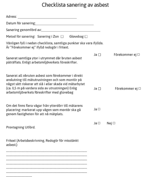 Svensk checklista för asbestsanering. Information om plats, metod, säkerhetsåtgärder och avslutande provtagning visas.