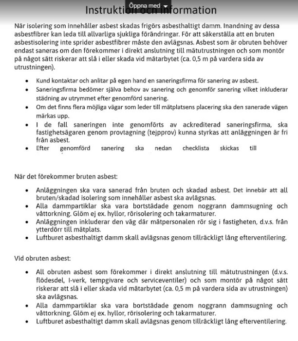 Textdokument på svenska om instruktioner för sanering av asbest och åtgärder vid förekomst av brutet asbest.