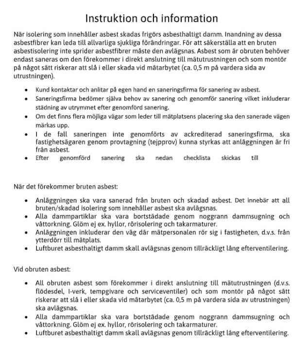 Svensk text om asbestsanering, säkerhetsinstruktioner, isoleringsskador, saneringsföretag och utvärderingsmetoder.