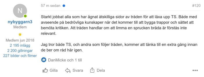 Användarprofil på ett forum; tackar andra för hjälp och diskussion om byggtekniker och hantering av kritik.