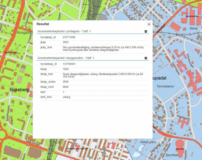 Skärmdump av en karttjänst med fokus på grundvattenkapacitet, textfält med resultat och geografiska detaljer.