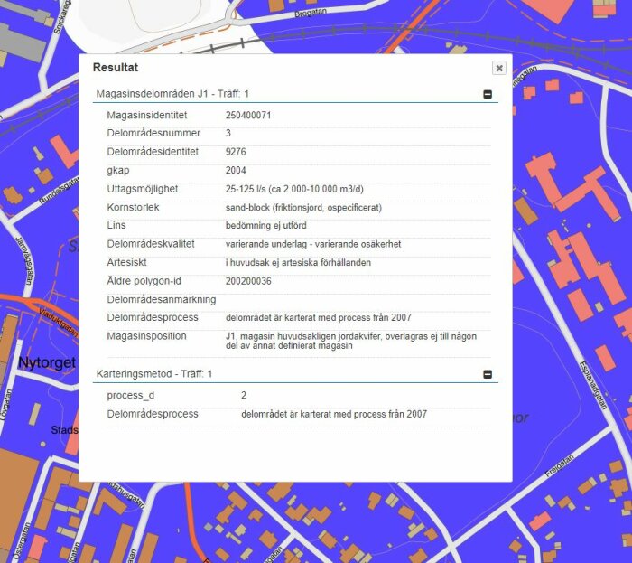 Skärmdump av karttjänst med informationsfönster, teknisk data, blå och orange kartdetaljer.