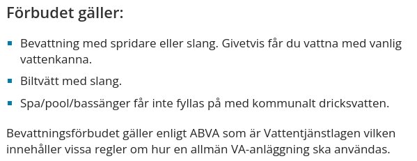 Text om bevattningsförbud: förbjuder slangbevattning, bilvätt med slang, fyllning av pool med kommunalvatten.