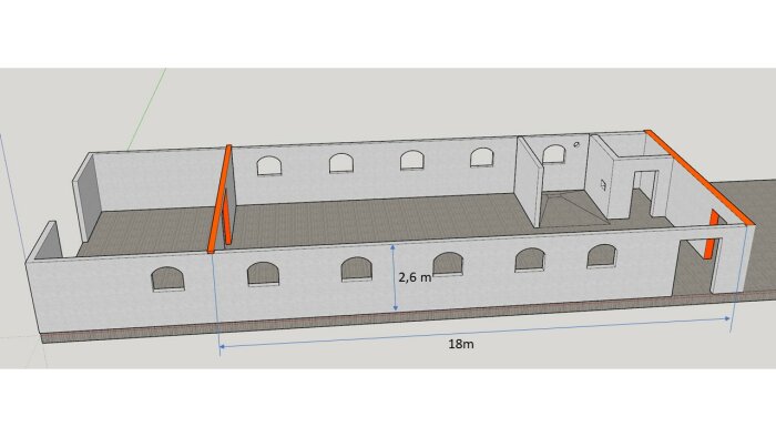 3D-modell av en byggnad med måttmarkeringar (18m x 2,6m), skalaritning, grå och orangefärger.