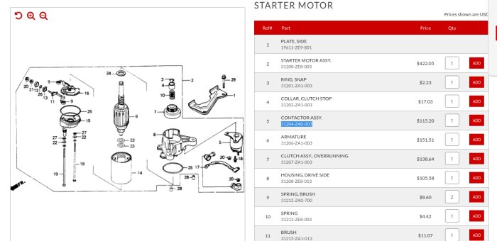 Exploded view diagram of a starter motor with part list and prices.