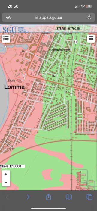 En skärmdump av en geologisk karta över Lomma från SGU:s webbsida med fokus på skala och centrum.